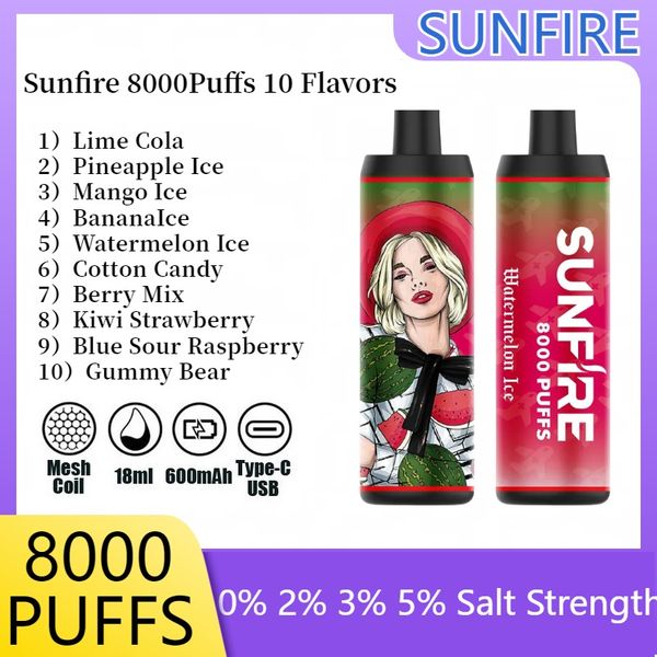 Vape Pen Sunfire Puff 8000 9000 Shenzhen Factory Hot Style OEM/ODM 2% Nic 15ml Capacidade de suco E-JUICE