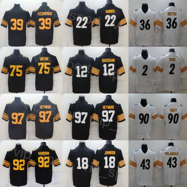 Camisas De Futebol Do Homem 12 Terry Bradshaw 32 Franco Harris 36 Jerome Bettis 43 Troy Polamalu 75 Joe Greene 92 James Harrison 18 Diontae Johnson 22 Najee Harris 90 TJ Watt