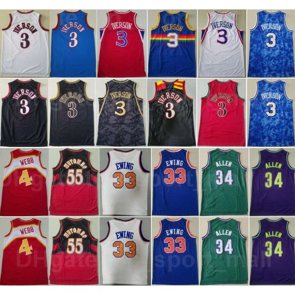 Vintage Basketball Spud Webb Trikots 4 Dikembe Mutombo 55 Patrick Ewing 33 Ray Allen 34 Iverson 3 Sport Stitch Throwback Schwarz Weiß Rot Blau Grün Lila Uniform