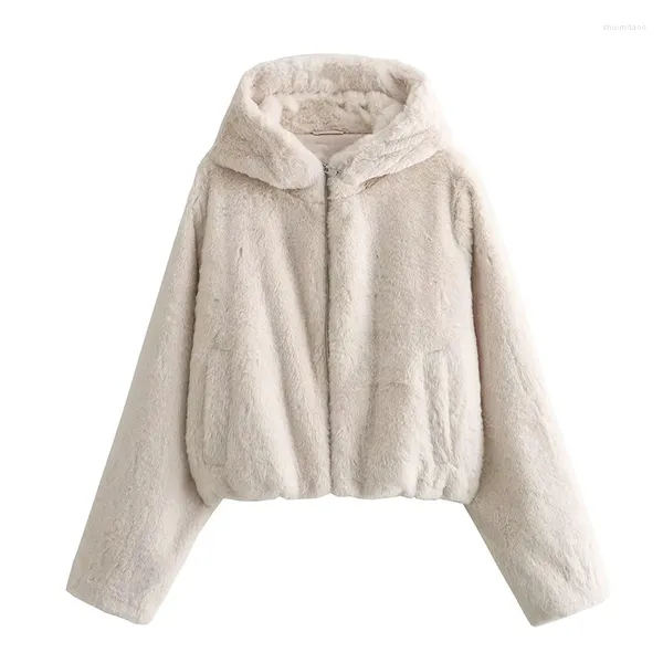 Jaquetas femininas Yenkye Mulheres Sólidas Faux Fur Com Capuz Casaco Manga Longa Feminino Outono Inverno Quente Outerwear Curto