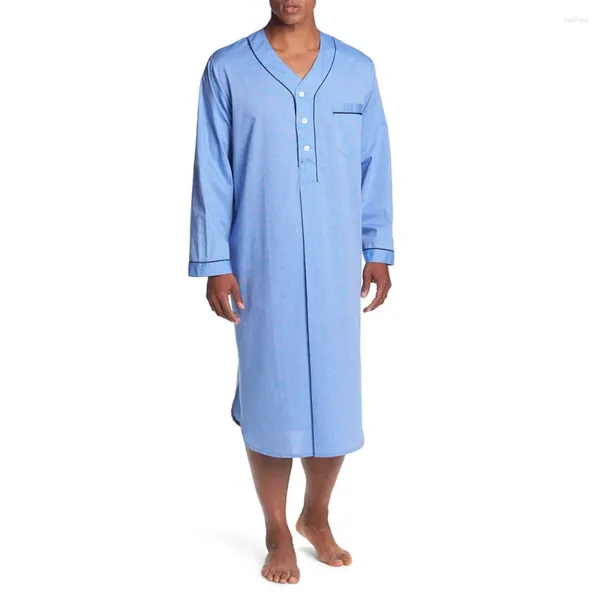 Herren-Nachtwäsche, lockeres V-Ausschnitt-Langarm-Nachthemd, solides Herbst-Pyjama aus Baumwolle, weiches, bequemes Oberteil, lässige Homewear