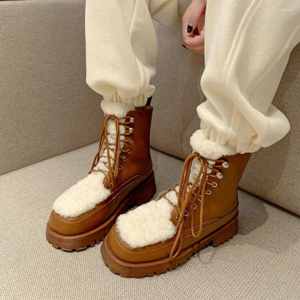 Stiefel EshtonShero Frauen Schnee Echtes Leder Med Ferse Pelz Warme Spitze Up Frau Schuhe Winter Mode Knöchel Damen Schuhe