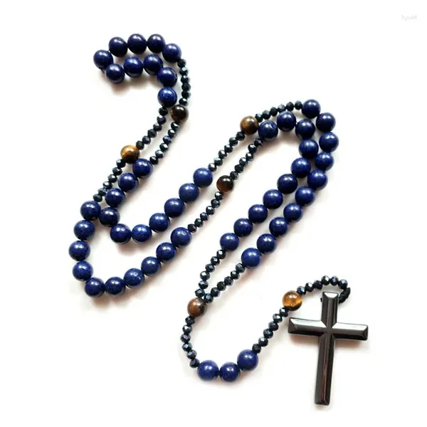 Anhänger Halsketten QIGO Stein Perlen Stand Kreuz Halskette Lange Männer Kette Modeschmuck Grün Blau