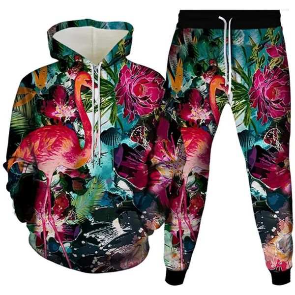 Tute da uomo Animal Red Flamingo Flower Harajuku Style Uomo Abbigliamento Tute Homme Felpe con cappuccio Pantaloni da jogging 2 pezzi Set Taglia SS-6XL