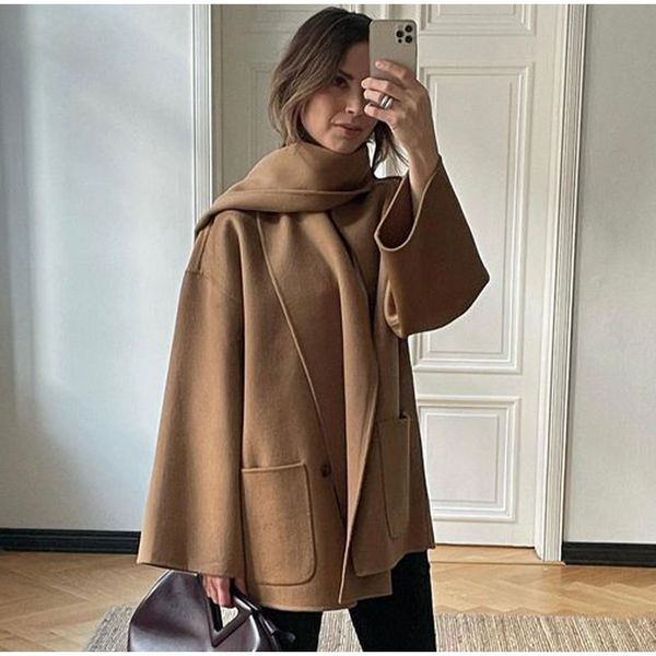 Cappotti larghi eleganti femminili con sciarpa Chic Tasca manica lunga giacche monopetto Lady Autunno Inverno Caldo capispalla moda