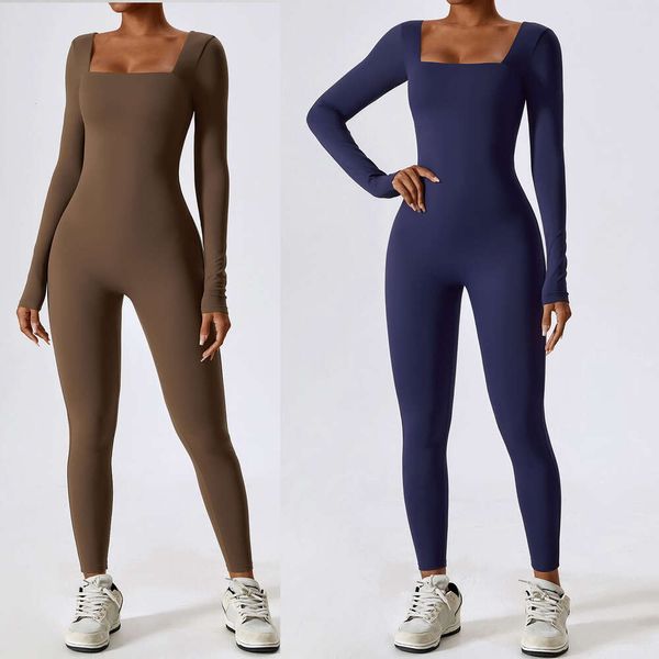 Lu Align Lu Yoga-Overall für Damen, EU/US, Herbst, langärmelig, quadratischer Ausschnitt, schmale Passform, gepolstert, langes Bein, Tanz-Bodysuit, atmungsaktiver Nylon-Damen-Overall