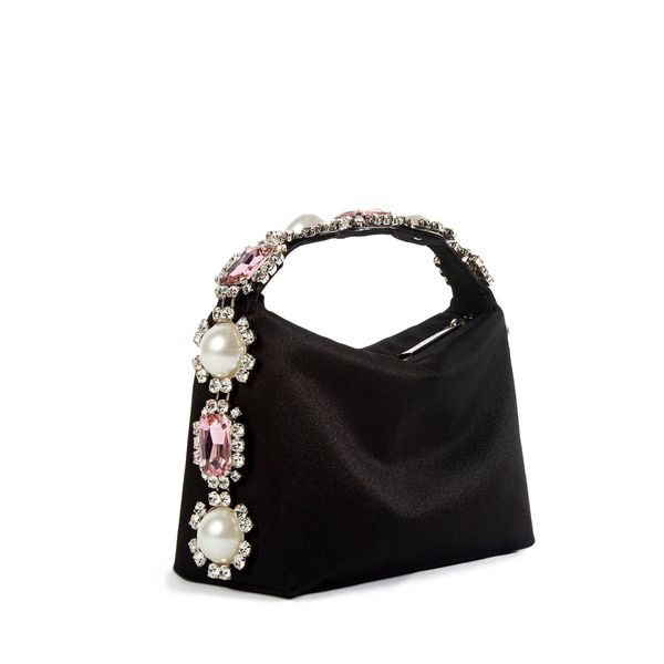 Pochette da sera in raso rosso netto: gioiello, cristallo, decorazioni in piume di struzzo perlate, borsa estiva da donna