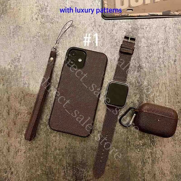 set di 3 pezzi di lusso Custodie per telefoni iPhone 15 plus 14 13 Pro max 11 12 mini 7 8 XR XS XSMAX Fashion Designer Watch Band Custodia per AirPods Cover in pelle