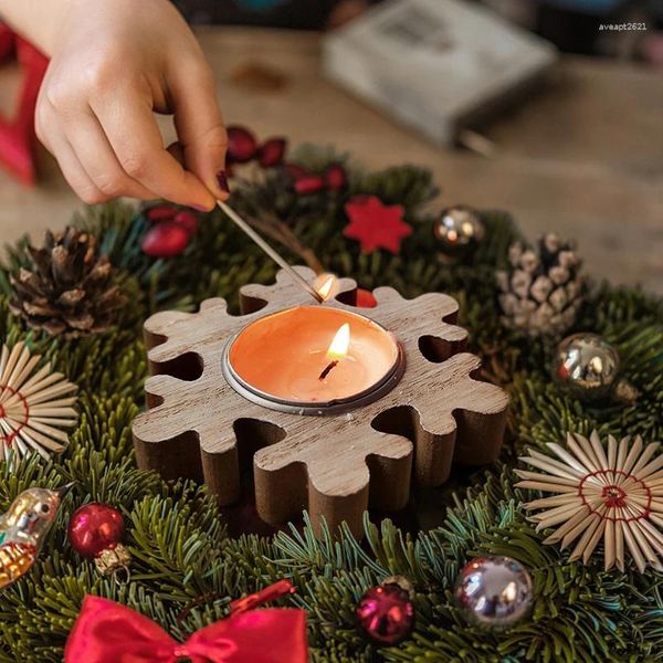 Titulares de vela Natal castiçal de madeira decoração pentágono floco de neve árvore de natal 2024 casa ano festa ornamentos de mesa