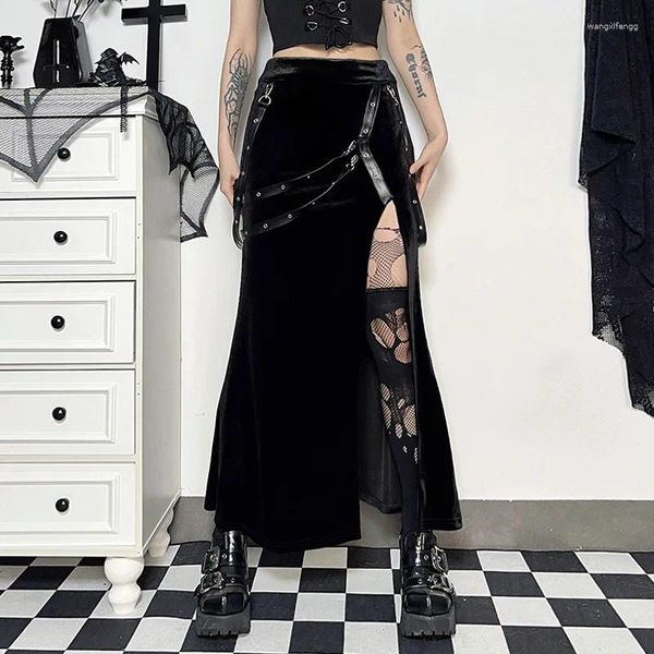 Saias flanela preta com cinto de couro lado split reto longo vintage para mulheres sexy saia gótica nightclub steampunk roupas