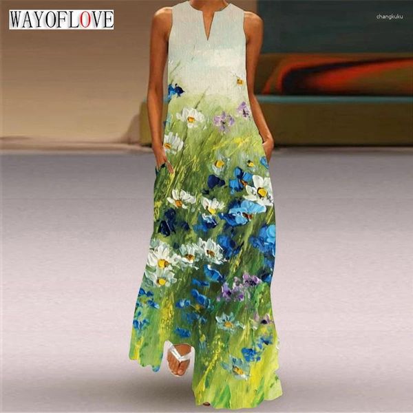 Vestidos casuais wayoflove senhoras primavera verão verde vestido longo sem mangas solta praia elegante festa pavão impressão vintage feminino