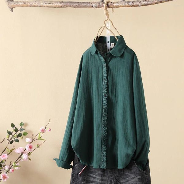 Camicette da donna in cotone e lino verde scuro da donna autunno primavera stile giapponese larghe vintage a maniche lunghe con supporto solido camicie alte