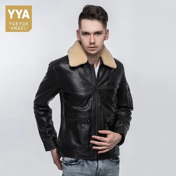 Men's Leather Faux Leather Chaqueta de cuero genuino de piel de oveja piloto de la Fuerza Aérea de alta calidad para Hombre Abrigo acolchado con cuello de piel de oveja ajustado Chaqueta Motor Hombre 231019