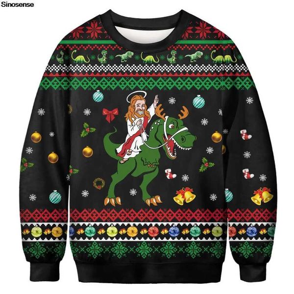 Maglioni da donna Uomo Donna Gesù cavalca dinosauro Brutto maglione di Natale Maglione Top 3D Palla di Natale Campana Calzino Fiocco di neve Stampato Felpa nataliziaL231020