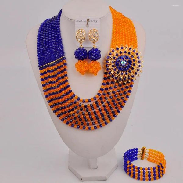 Collana di orecchini con perline africane blu reale e arancione, gioielli in cristallo