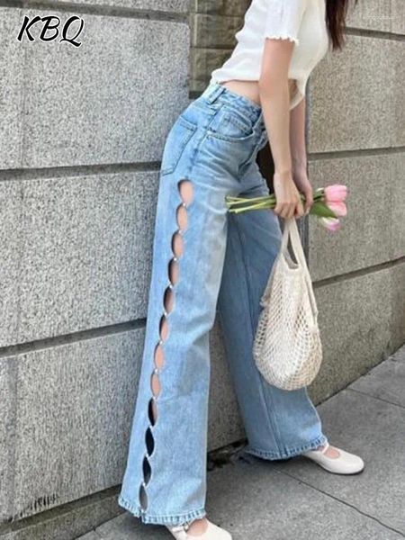 Jeans femininos KBQ oco out pérolas emendadas em linha reta para mulheres cintura alta retalhos bolso casual solto perna larga denim calças femininas