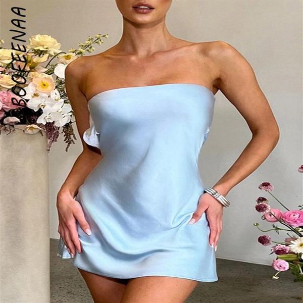 Vestidos casuais BOOFEENAA Strapless Backless Mini Vestidos Cetim Flowy Curto Vestido de Festa Preto Azul Sexy Night Club Outfits para Wome233W