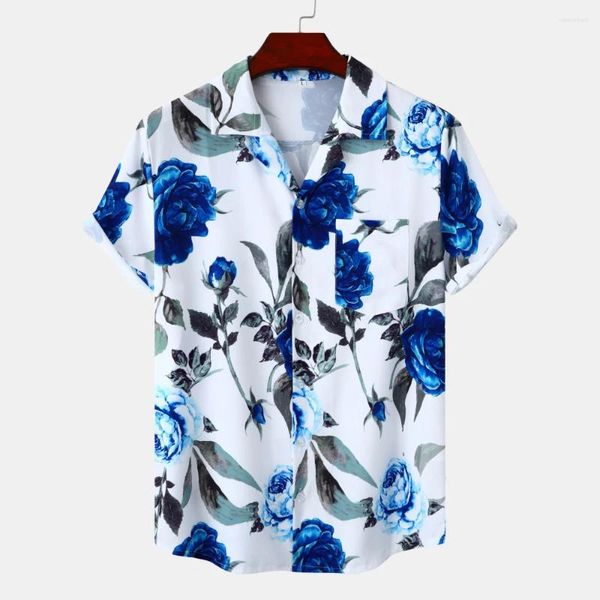 Мужские повседневные рубашки, модная рубашка с принтом синей розы и цветочным узором, с короткими рукавами, на пуговицах для отпуска, белые базовые топы