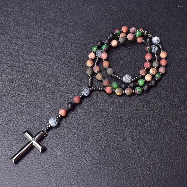 Collane con ciondolo Collana con rosario cattolico di 5 decadi Pietra naturale Croce di ematite per donna Uomo Gioielli vintage fatti a mano Dropship