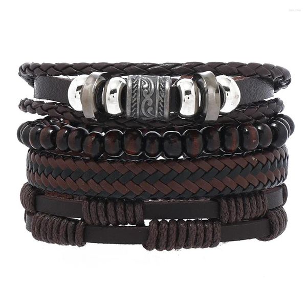 Strang Vintage Mehrschichtiges handgewebtes Lederarmband Herren Perlen vierteiliges Set Braun Accessoires Großhandel