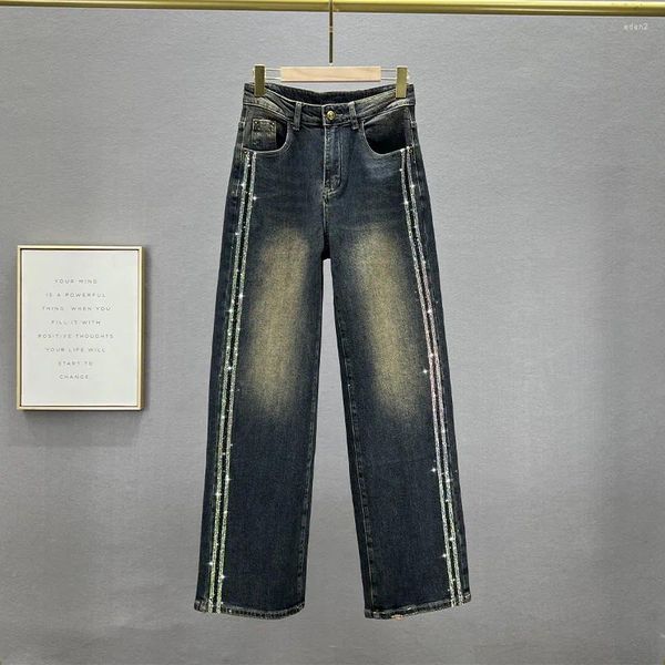 Calças de brim femininas soltas calças de grandes dimensões 2023 outono strass calças largas perna feminina casual denim calças senhoras jean