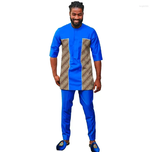 Homens Tracksuits Patchwork Tops com Calças Sólidas Azul Algodão Noivo Terno Masculino Nigéria Moda Personalizar Roupas de Festa de Casamento Africano