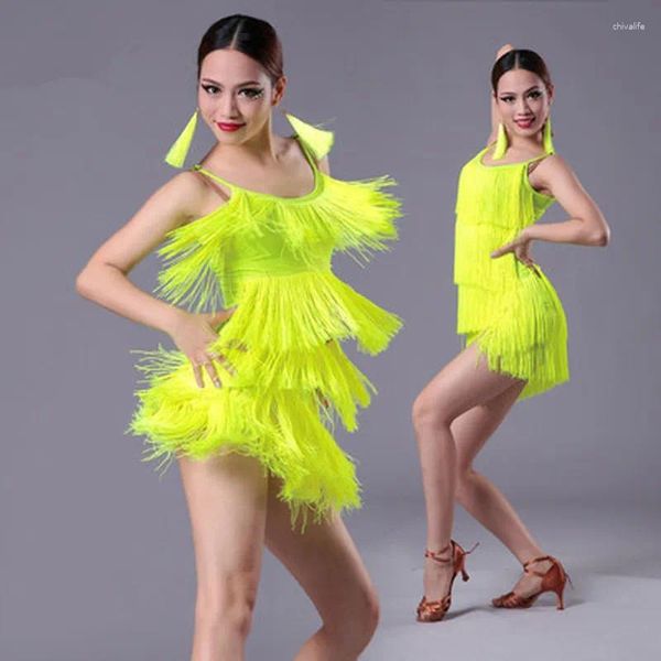 Stage Wear 2023 ragazze donne moderna sala da ballo vestito da ballo latino con frange e nappe Salsa Tango Costume rosso nero prestazioni