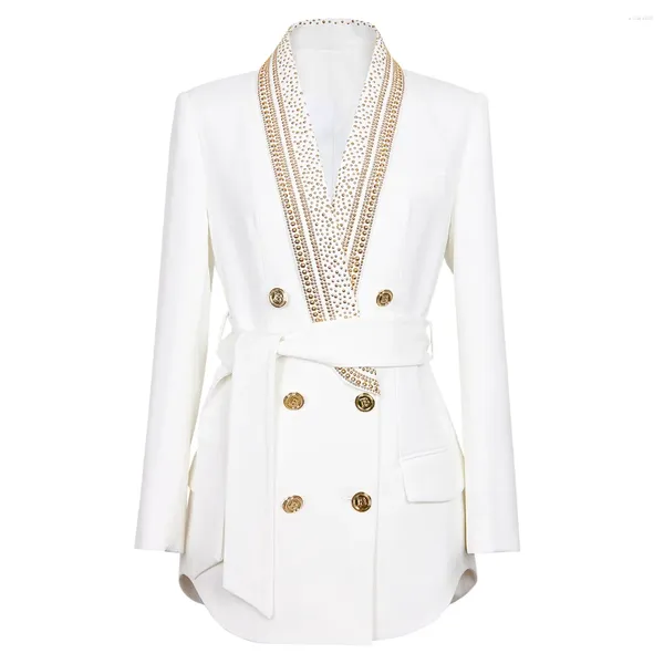 Jaquetas femininas Design exclusivo Vintage Gold Lantejoulas Grânulos Shawl Collar Lace-up Branco Blazer Mulheres Retro Jaqueta Lapela Dupla Breasted Feminino