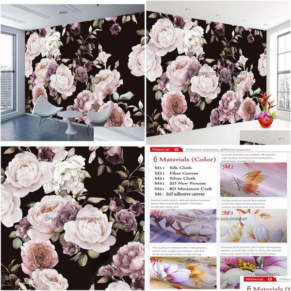 Wallpapers personalizado 3d po auto adesivo papel de parede pintado à mão preto branco rosa peônia flor mural sala de estar casa papel wallpap dhktw