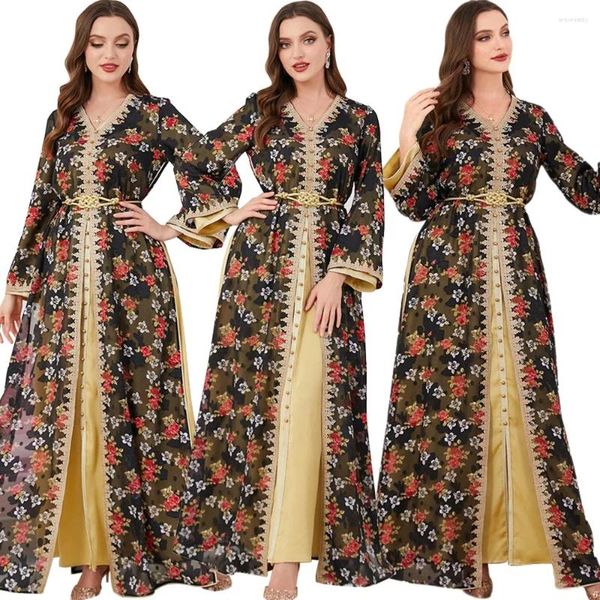 Abbigliamento etnico 2 pezzi stampa floreale Abaya Eid Ramadan abito da donna musulmano Set Dubai Turchia caftano islamico Jalabiya marocchino abito da sera caftano