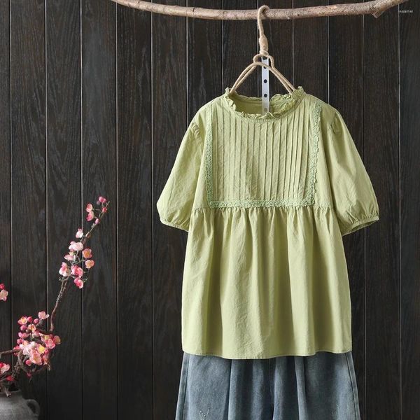 Женские блузки, хлопковые женские топы, летние милые богемные рубашки в японском стиле в консервативном стиле с воротником-стойкой, зеленые однотонные рубашки с вышивкой