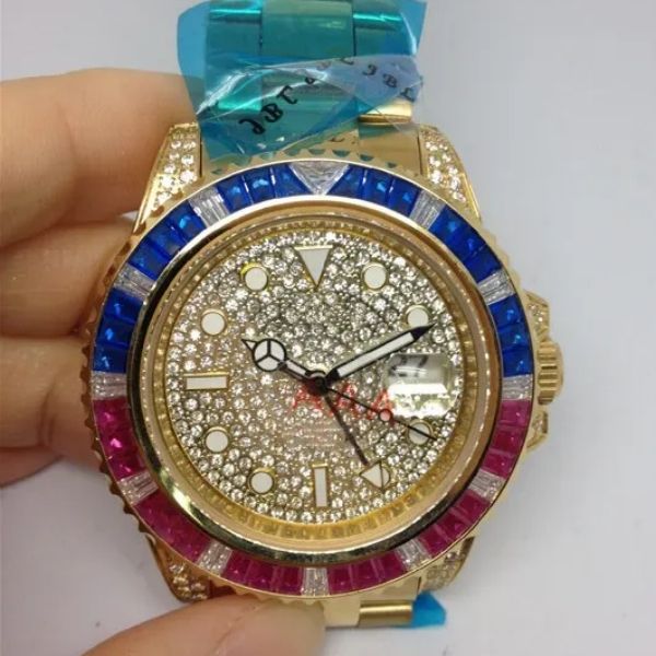 Fashion Square Rainbow Diamond Lünette Stahlband mechanische Herrenuhr Automatikuhr mit Edelstahlgehäuse und grünem Zifferblatt 154