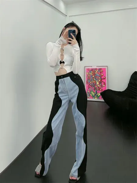 Damen Jeans Jeansschwarz und Blau Wave Denim Ing Gerade Hose mit weitem Bein 2023 Sommer Net Red INS Street Style Hose