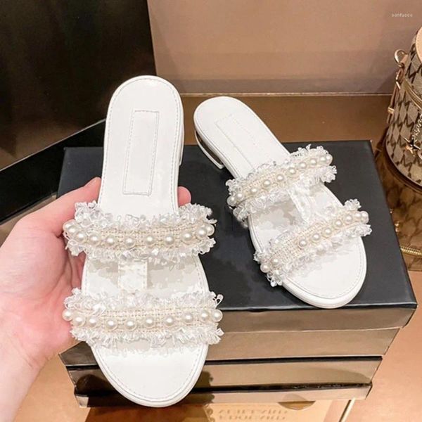 Chinelos de luxo pérola decoração mulheres dedo do pé redondo sapatos de salto alto elegante deslizamento em sapato feminino renda babados zapatos mujer