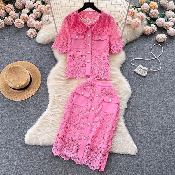 Elegante feminino vestido de duas peças verão doce pequena fragrância rendas bordado conjunto de duas peças feminino manga curta oco o245i