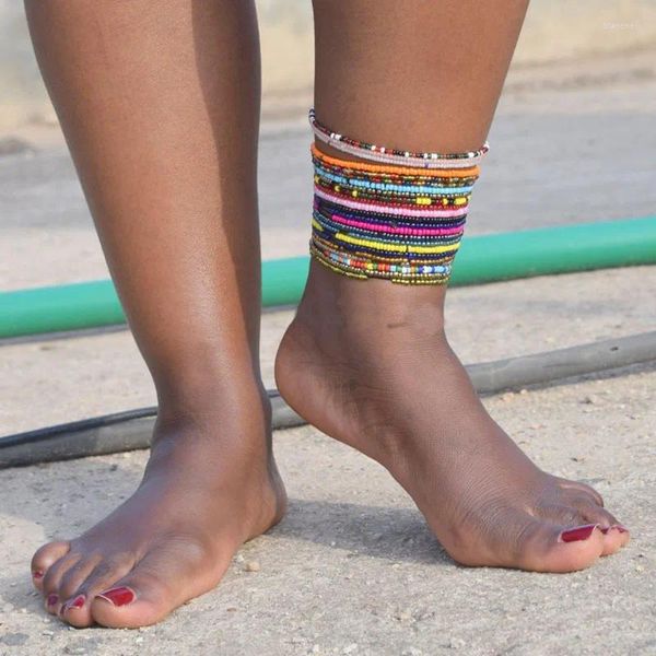 Hame 6pcs/set bohemia çok renkli tohum boncuklu cazibe bileziği kadın bilezikler için yaz sandalet mücevherleri ayak bacak zinciri
