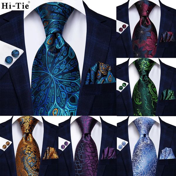 Gravatas de pescoço Hi Tie Pavão Azul Novidade Design Gravata de Casamento de Seda para Homens Hanky Cufflinks Presente Mens Gravata Conjunto de Festa de Negócios Drop 231019