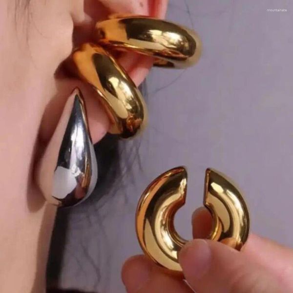 Brincos pendurados punk grosso clipe de orelha de aço inoxidável para mulheres suave redondo tubo cilíndrico oco não desbotamento chapeamento de ouro jóias presente