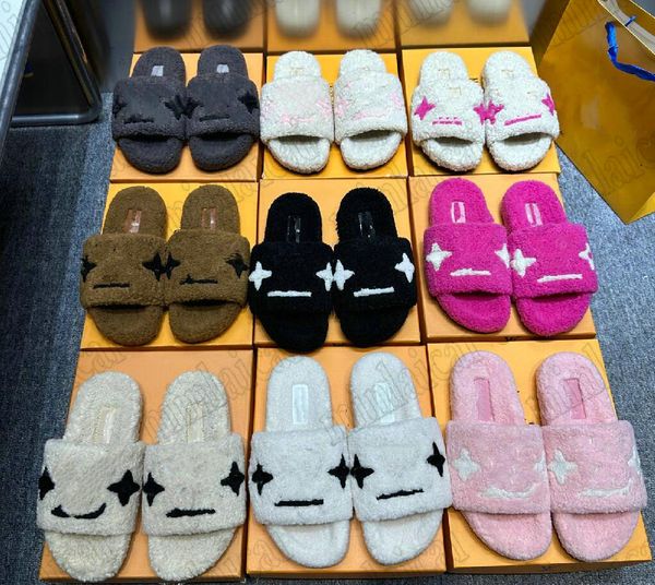 Louies Vuttion Designer de sandália Mulheres Winter Shearling Chinelo Teddy Fluffy Slippers Paseo Flat Comfort Mule Lightweight pisada de borracha ou Luis Shoe Lvse 1tng