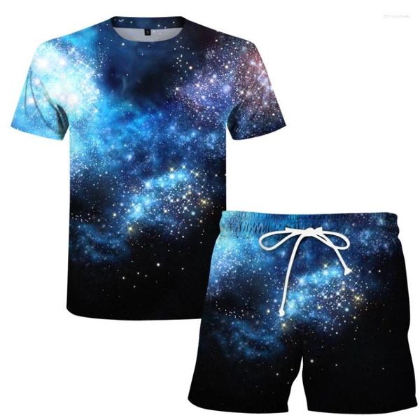 Мужские спортивные костюмы Мужские летние комплекты Повседневные пляжные виды спорта 3D Natural Star Cloud Мода Футболки с короткими рукавами и брюками Большой размер 6XL Одежда