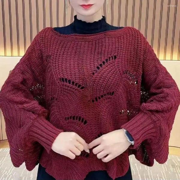 Kadın Sweaters Kadın Kazak Tekne Boyun Elastik Örme İçi Boş Out Lady Batwing Kollu Kış Günlük Giyim