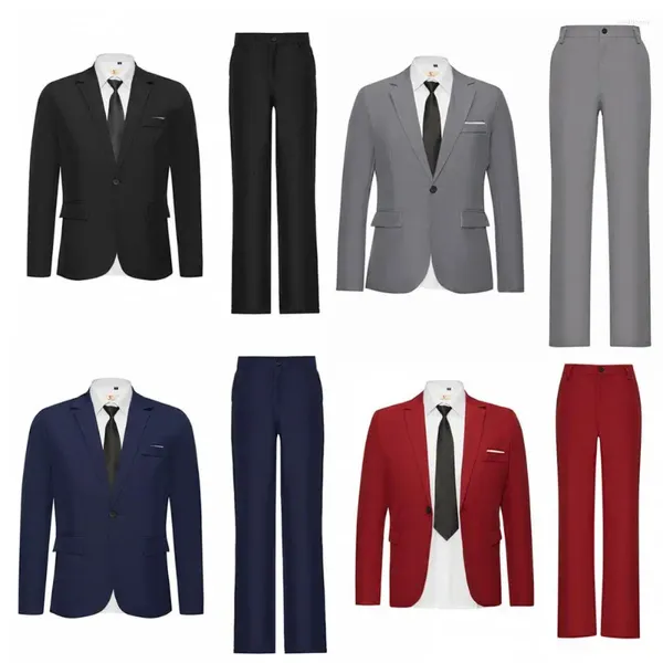 Erkekler 2pcs/set şık resmi takım elbise yıkanabilir blazer pantolon set flep cepleri ince fit yaka düz iş giysileri