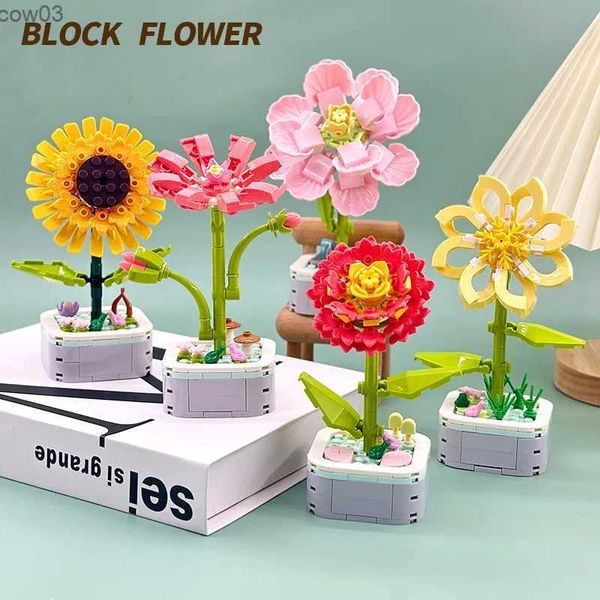 Blocos de girassol buquê de construção kit diy eterna orquídea flores bloco brinquedo conjunto rosa vasos tijolos montagem menina adulto amigo presente r231020