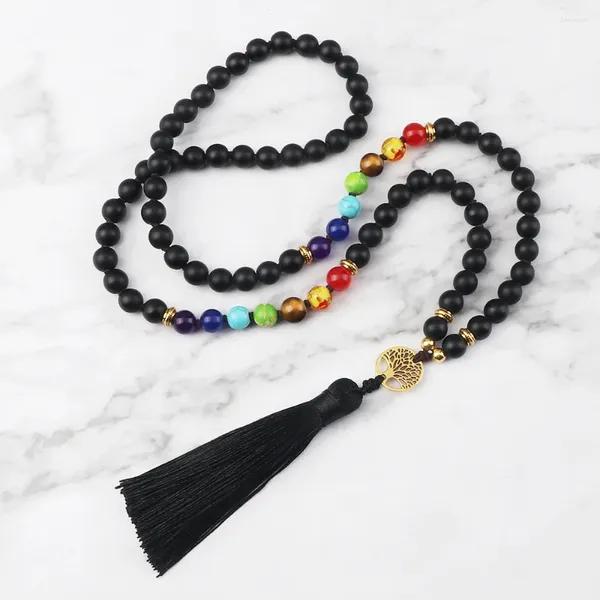 Anhänger Halsketten Baum des Lebens 7 Chakra Perlen 6 8mm Naturstein Schwarzer Onyx geknotet Yoga Halskette für Frauen Männer Mode Quaste Schmuck