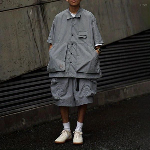Survêtements pour hommes Hip-Hop Japonais Bboy Skateboard Vêtements Lâche Alpinisme Extérieur Multi-poches Salopette Pantalon à manches courtes Deux pièces