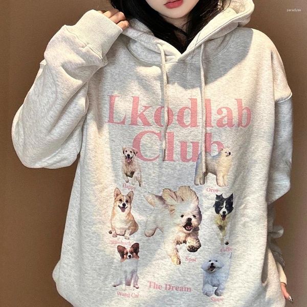 Hoodies femininos puro algodão retro cinza anime hoodie bonito anmal cão y2k impressão moletom senhora meninas moda coreana kawaii roupas soltas