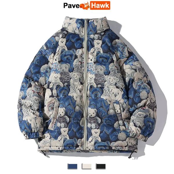 Herren Daunenparka Baumwolle Gefütterte Jacke Männer Bär Ölgemälde Muster Parka Hip Hop Straße Winter Lässig Retro Outwear Warm Stehkragen Mantel Frauen 231020