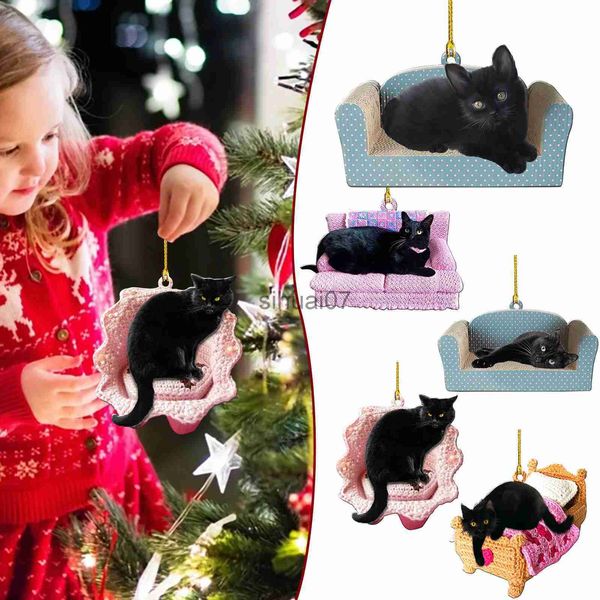 Decorações de Natal Pingente de gato de Natal Ornamentos pendurados de animais de madeira Decoração de Natal para casa Presentes de Natal Ano Novo 2024 Noel Navidad x1020