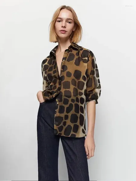 Blusas femininas 2023 moda verão camisa de impressão animal vintage manga longa botão-up all-match casual camisas femininas blusas chiques