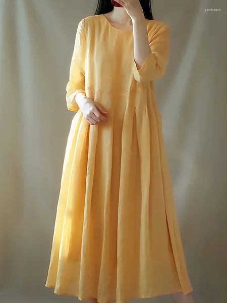 Casual Kleider 2023 Sommer Frauen Dünnes Kleid Vintage O Hals Halbarm Einfarbig Lange Robe Weibliche Mid-kalb urlaub Reise